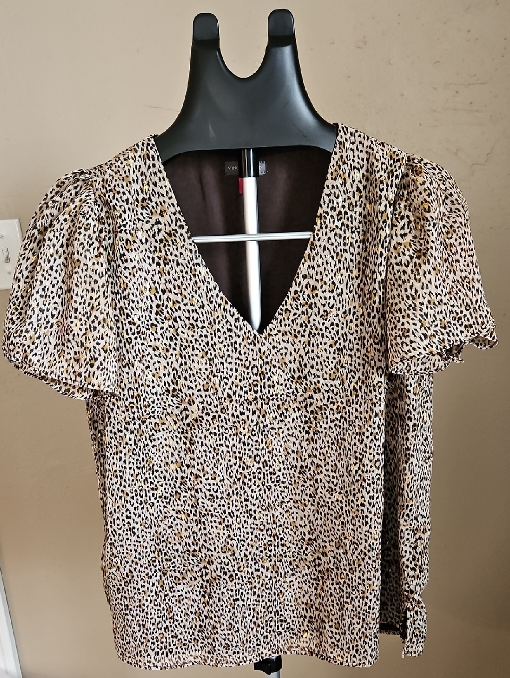 Vince Camuto Beige and Black Leopard-Print V-Neck Blouse